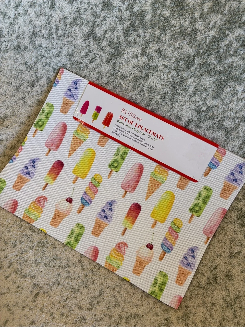 Ice Cream Popsicle Placemat Set of 4 NWT Bliss Studio 13x18” pvc polyester
